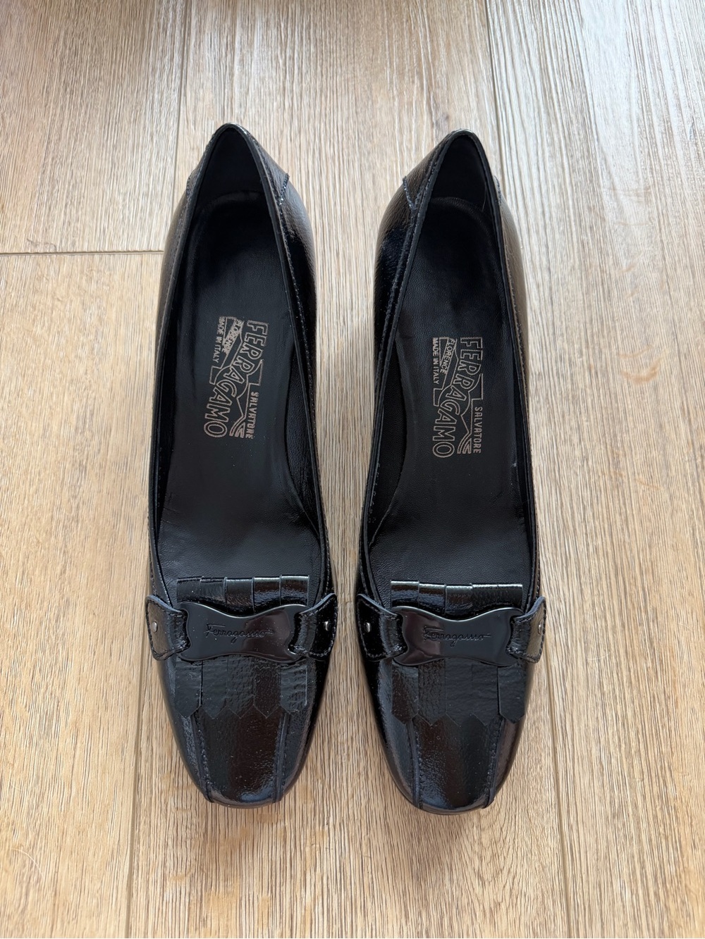 Salvatore Ferragamo Raissa Black Patent Leather Heeled Loafers
